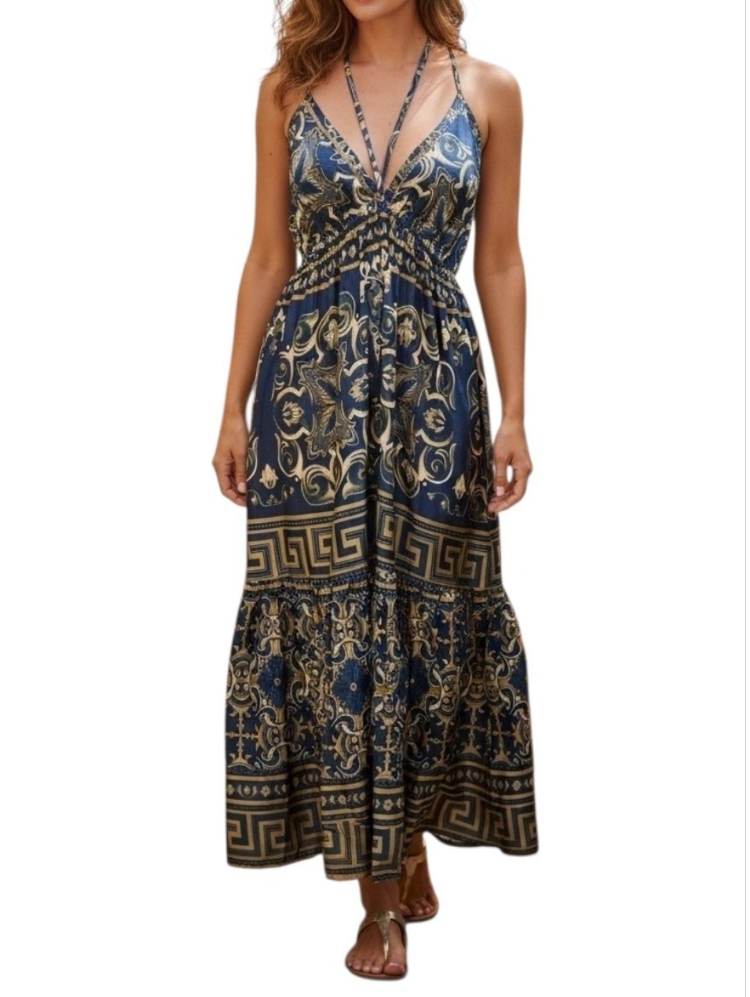 Nwt L Boho Teal & Gold Printed Maxi Dress With Strappy V-Neck